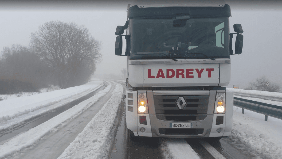 LADREYT lorry in winter conditions — road freight transport, France